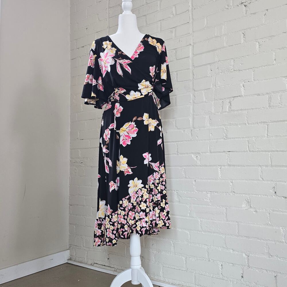 Floral Faux Wrap Midi Dress | Flutter Sleeve Ruffle Hem | Spring Garden Party